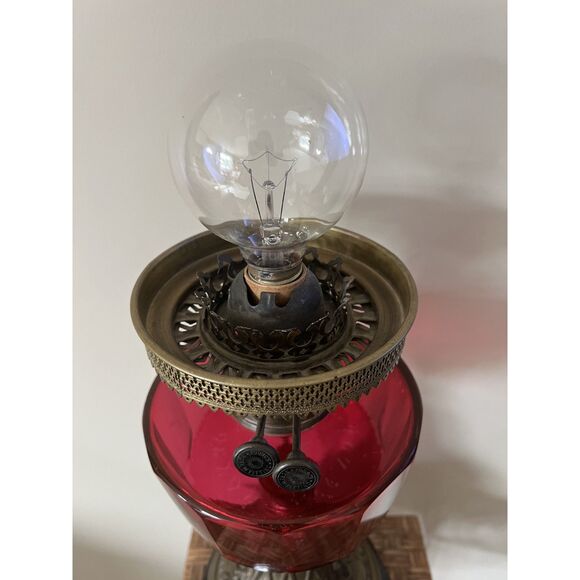 1800s Antique Victorian Cranberry Glass Oil Lantern Converted Table Parlor Lamp - Picture 10 of 13